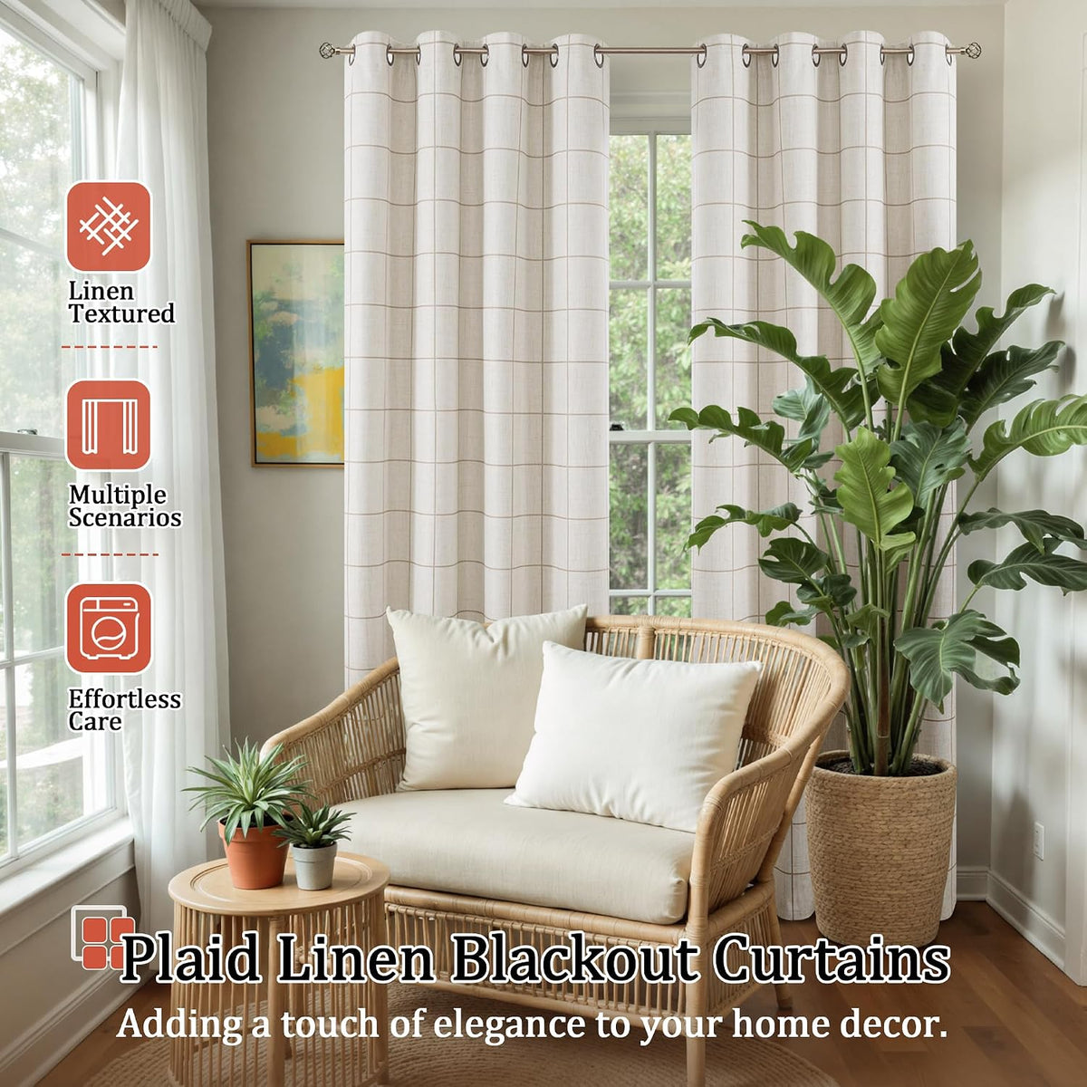Boho Plaid Linen Blackout Curtains